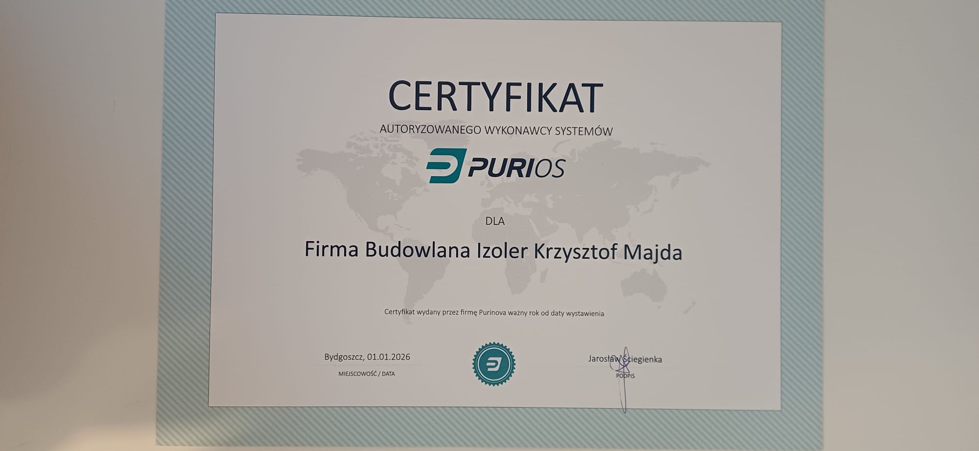Nasz certyfikat autoryzowanego wykonawcy systemów Purios, 1 stycznia 2026 r.